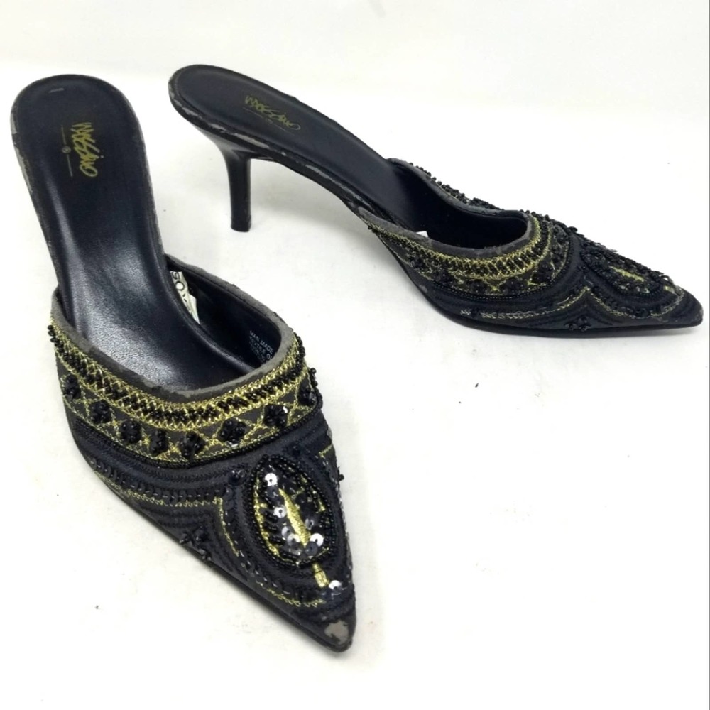 Mossimo Metallic Glitter Heels Brown Beaded Pointed Toe Slip ons Size 8.5